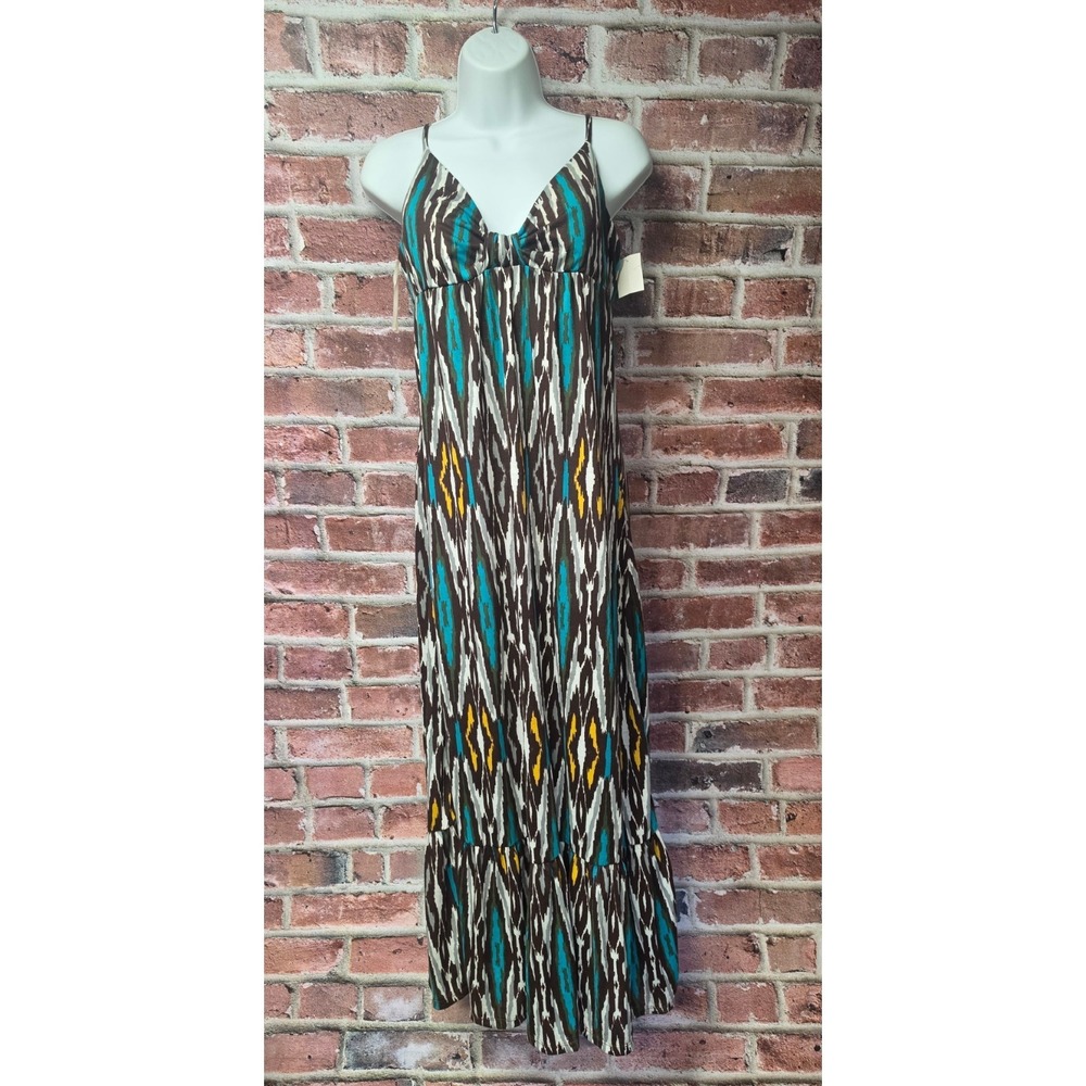 Women's WEAVERS Ikat Print Spaghetti Strap Tiered Maxi Dress Size XL